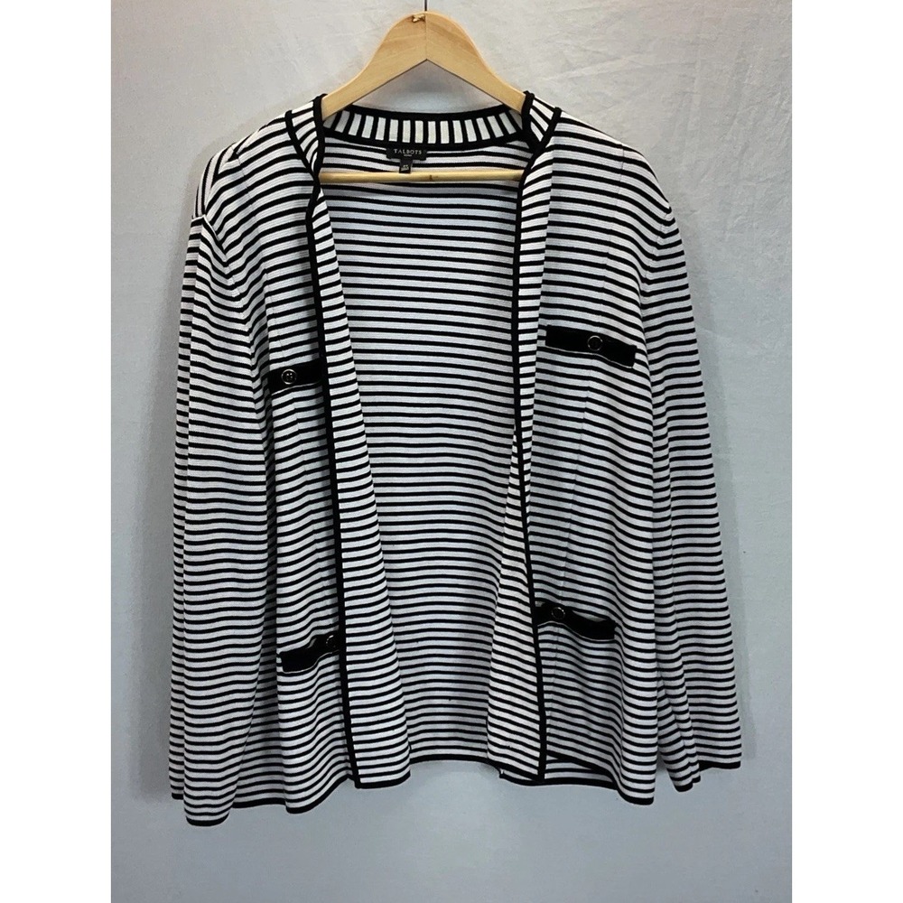 Talbots Black Stripe Blazer Sweater cotton Blend 2X Pockets nautical Office Open